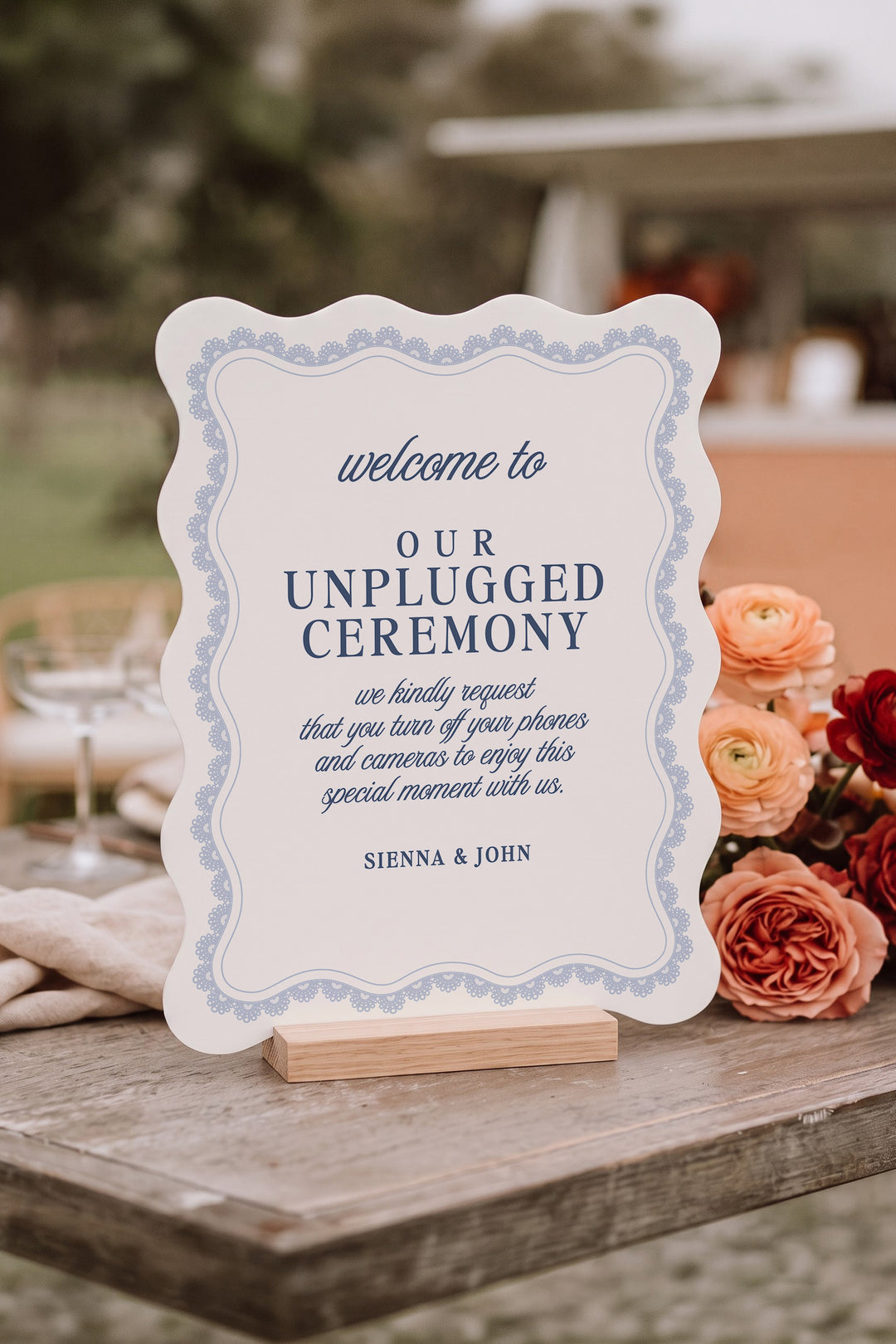 French navy wavy edge unplugged ceremony sign with a lace border #shape_Wavy#color_French Navy