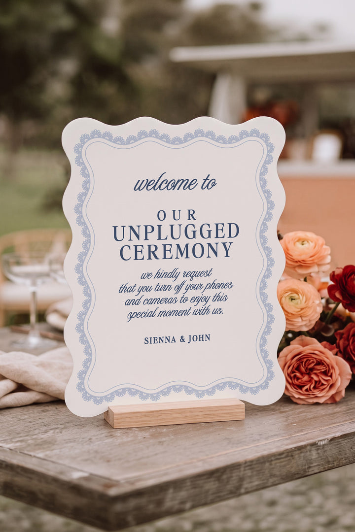 French navy wavy edge unplugged ceremony sign with a lace border #shape_Wavy#color_French Navy