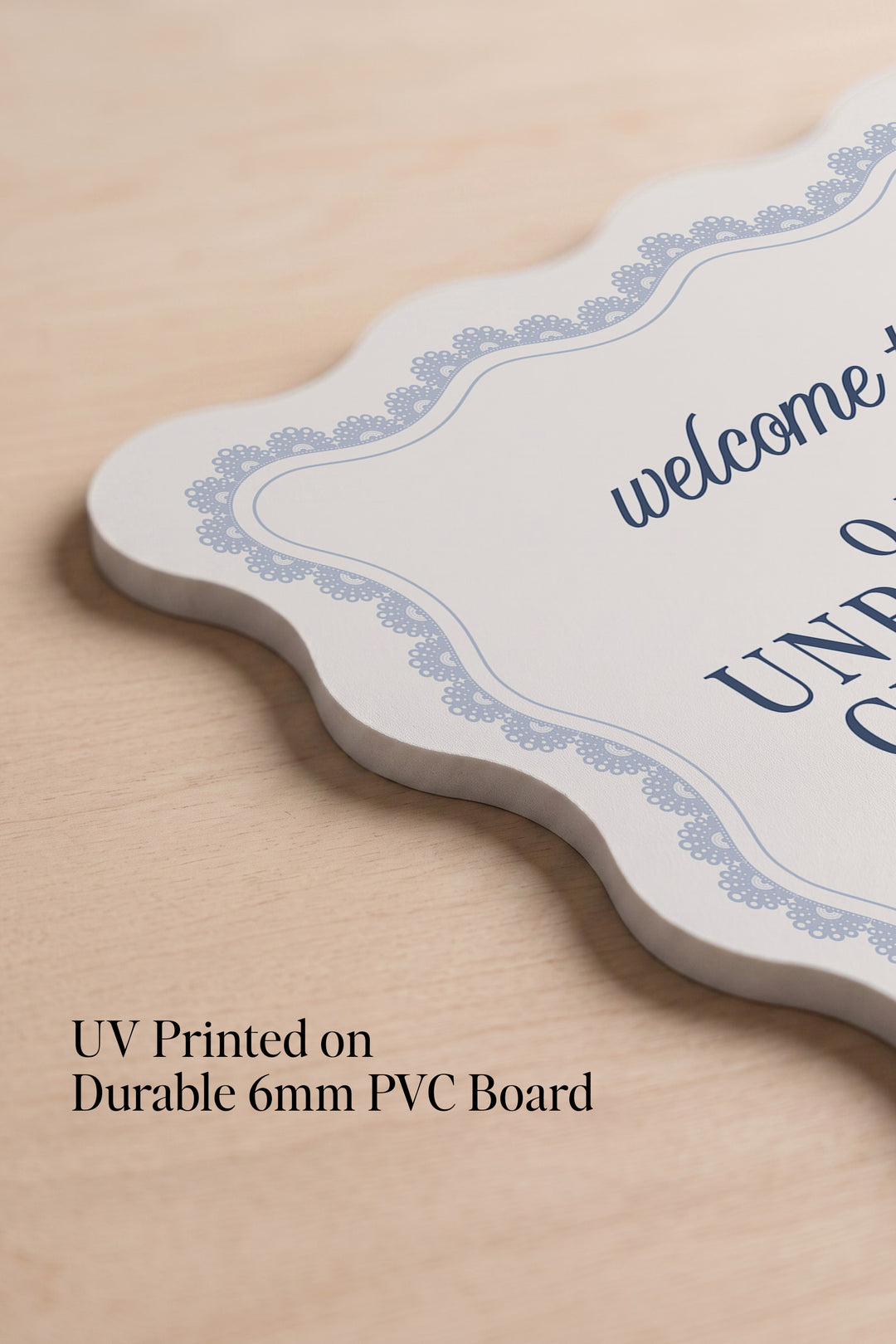 French navy wavy edge unplugged ceremony sign with a lace border #shape_Wavy#color_French Navy