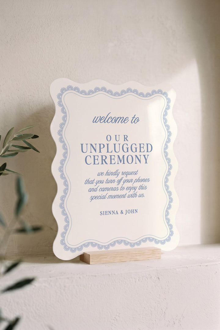 Powder blue wavy edge unplugged ceremony sign with a lace border #shape_Wavy#color_Powder