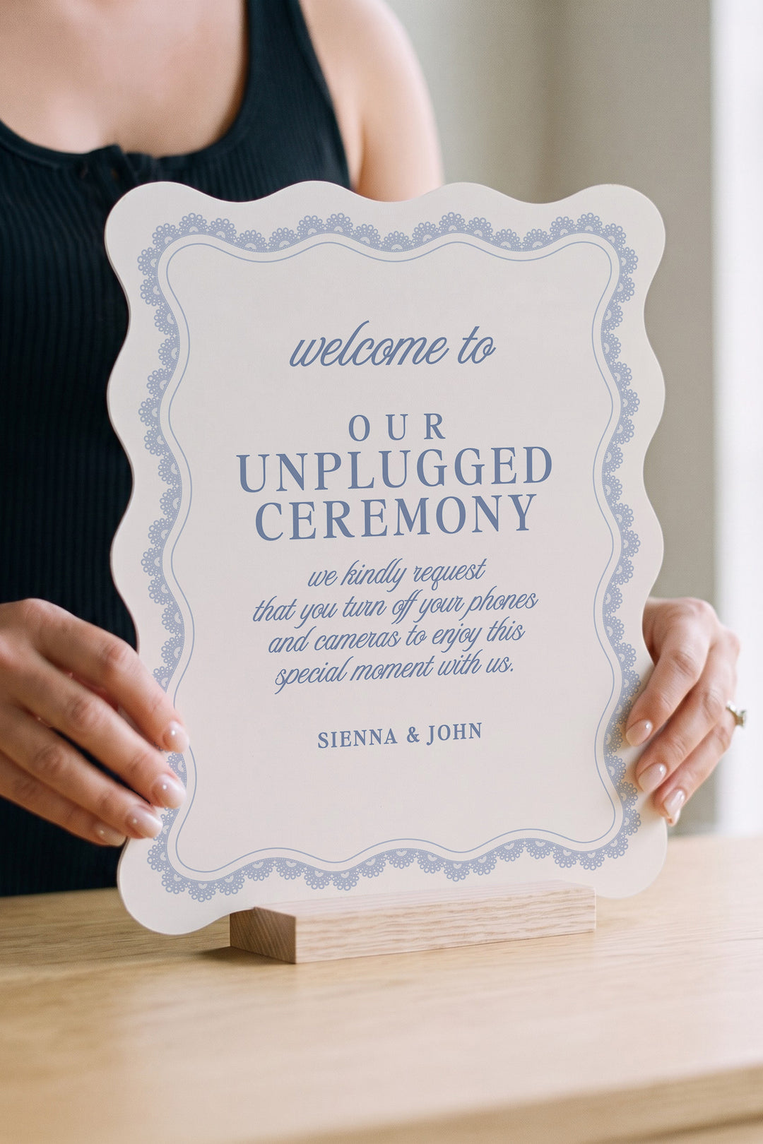 Powder blue wavy edge unplugged ceremony sign with a lace border #shape_Wavy#color_Powder