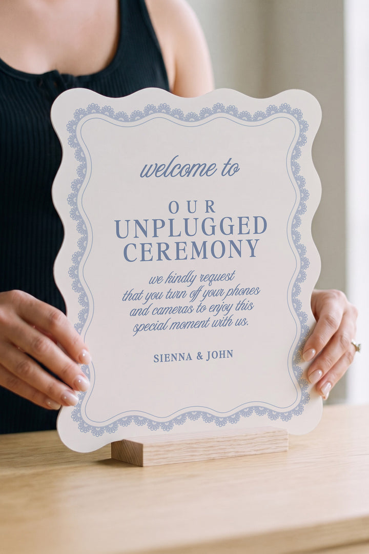 Powder blue wavy edge unplugged ceremony sign with a lace border #shape_Wavy#color_Powder