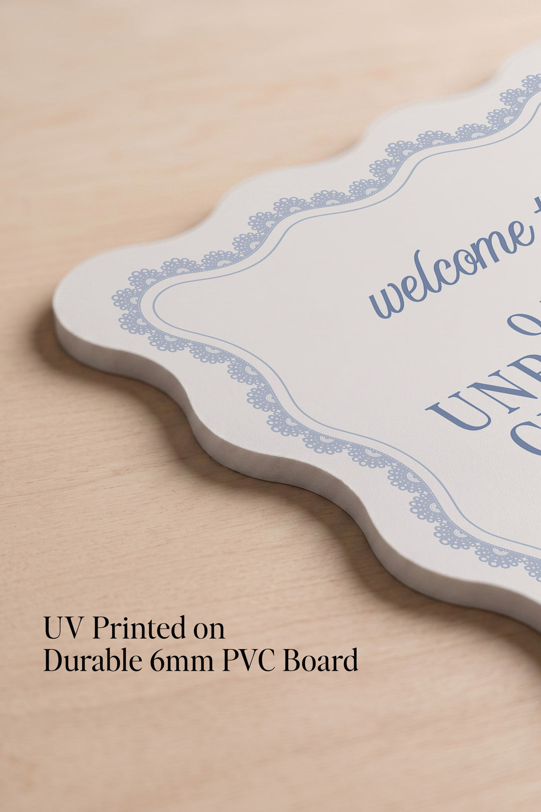 Powder blue wavy edge unplugged ceremony sign with a lace border #shape_Wavy#color_Powder