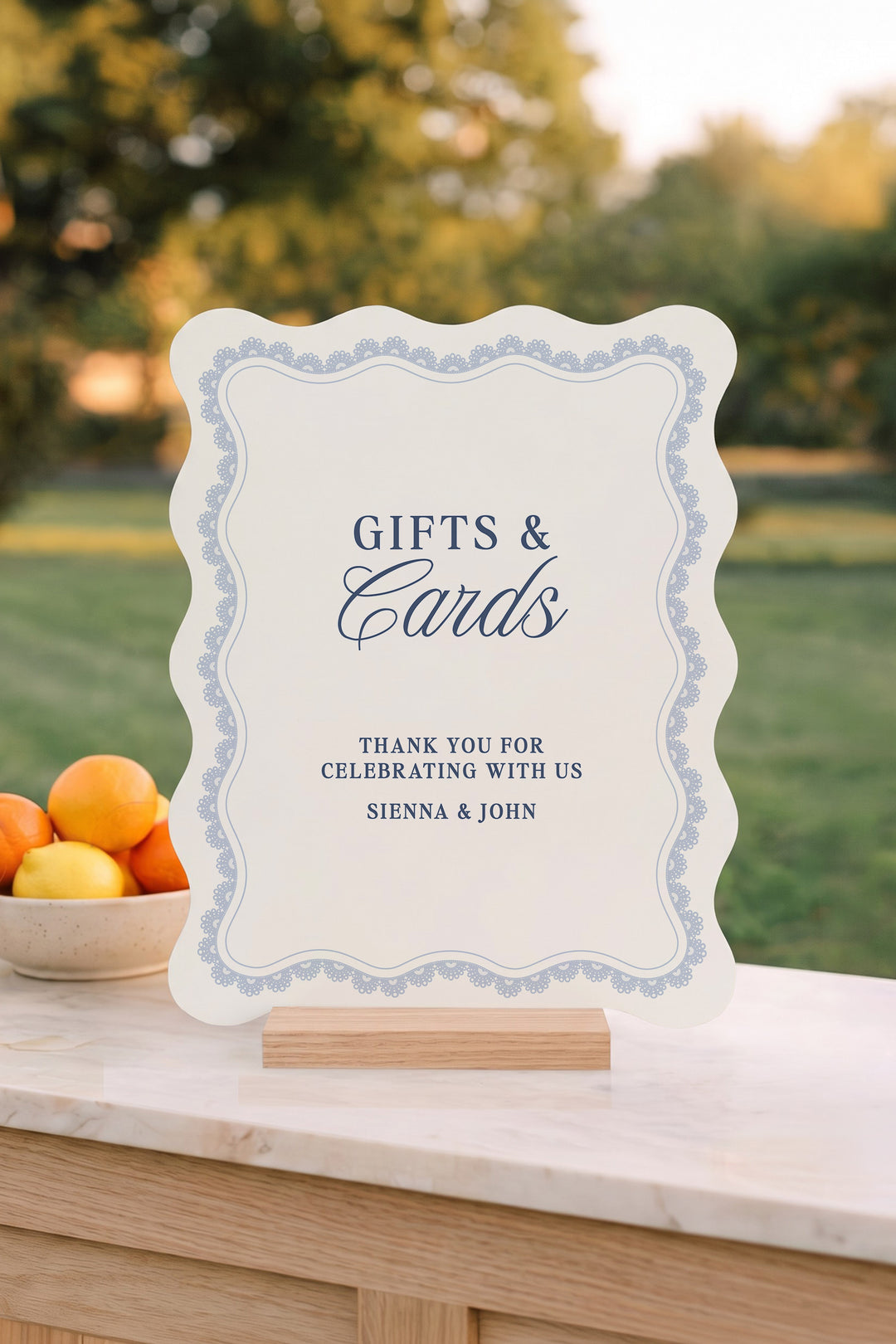French navy wavy edge wedding cards and gifts sign with a lace border #shape_Wavy#color_French Navy