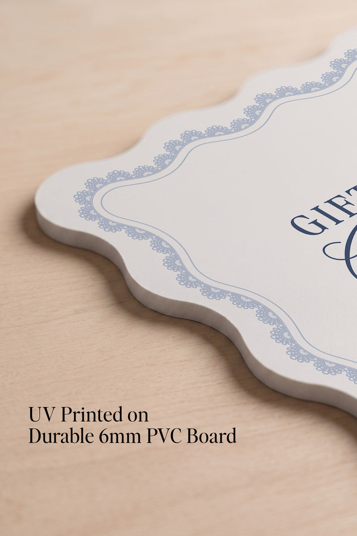 French navy wavy edge wedding cards and gifts sign with a lace border #shape_Wavy#color_French Navy