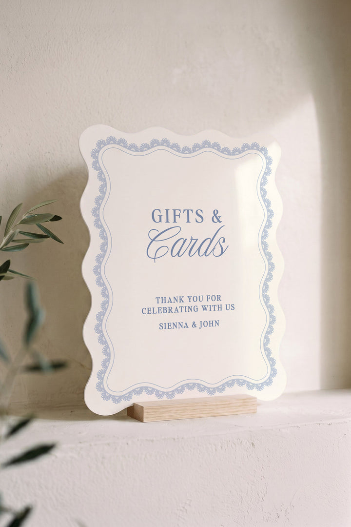 Powder blue wavy edge wedding cards and gifts sign with a lace border #shape_Wavy#color_Powder
