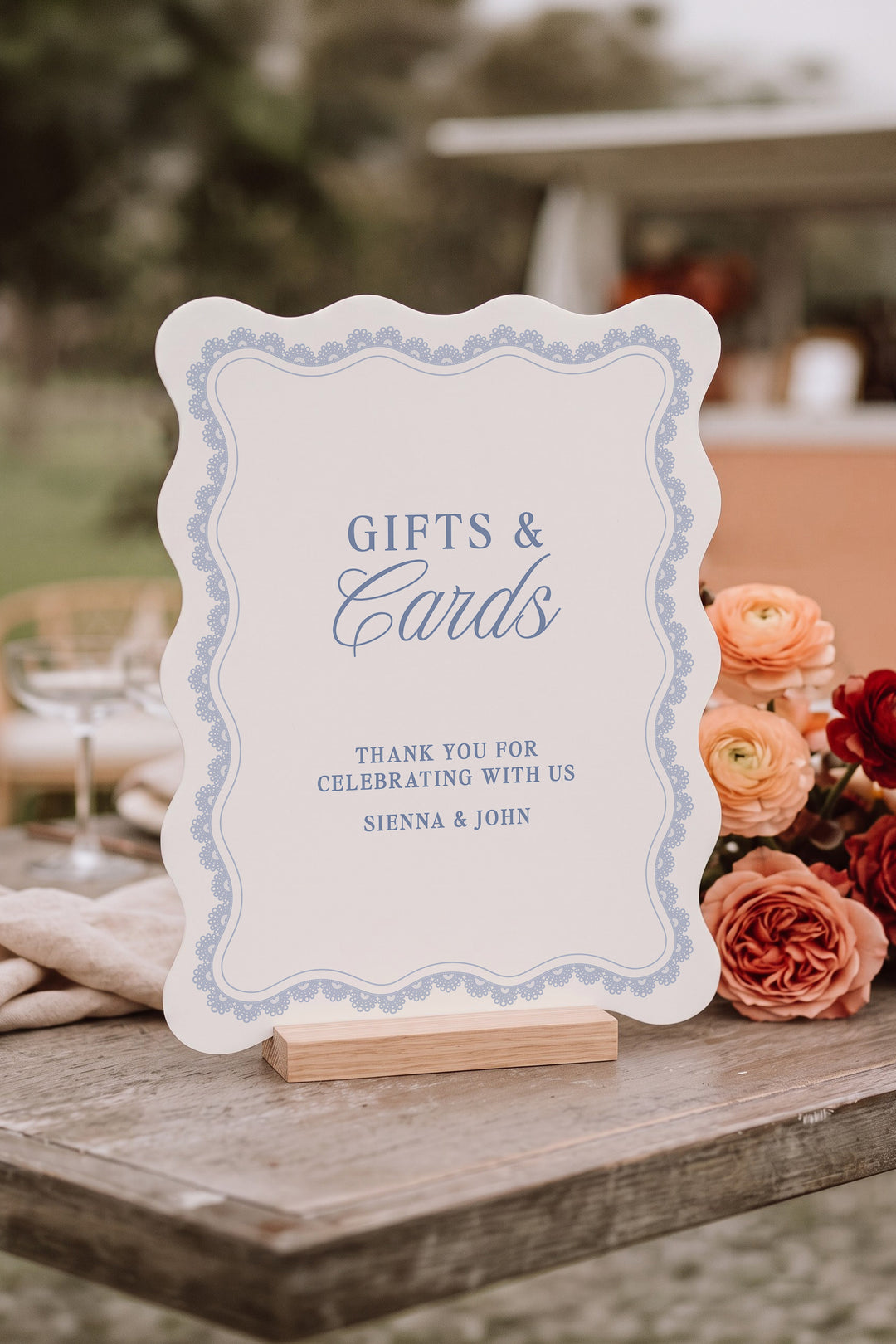 Powder blue wavy edge wedding cards and gifts sign with a lace border #shape_Wavy#color_Powder