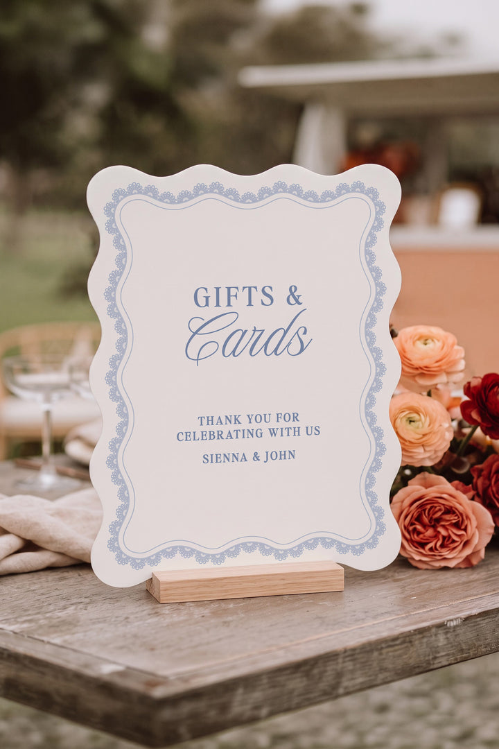 Powder blue wavy edge wedding cards and gifts sign with a lace border #shape_Wavy#color_Powder
