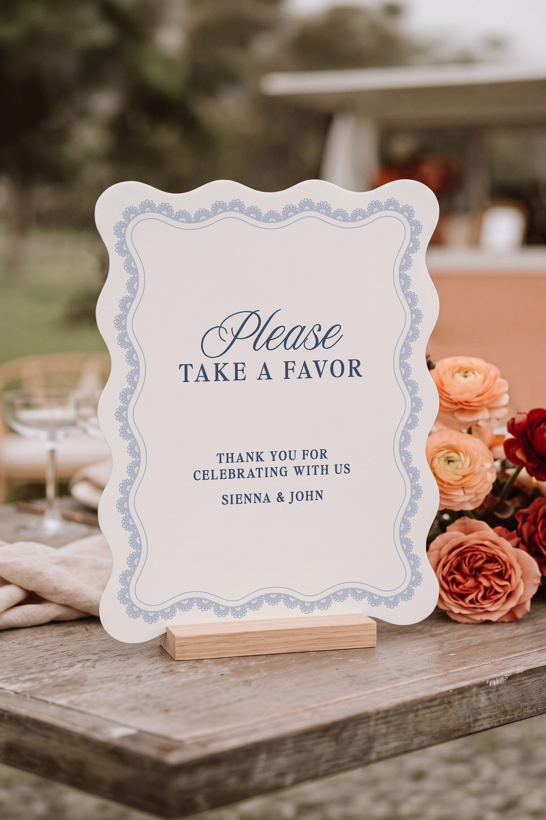 French navy wavy edge wedding favors sign with a lace border #shape_Wavy#color_French Navy