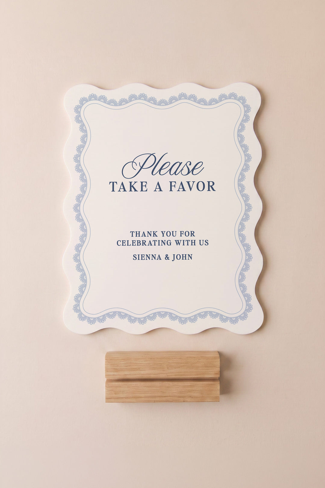 French navy wavy edge wedding favors sign with a lace border #shape_Wavy#color_French Navy