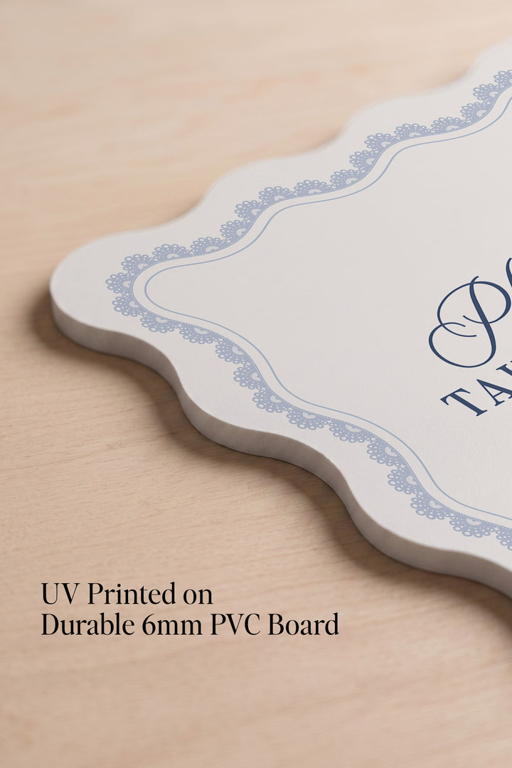 French navy wavy edge wedding favors sign with a lace border #shape_Wavy#color_French Navy