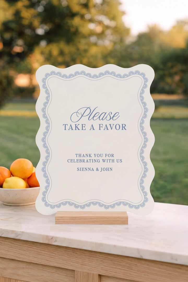 Powder blue wavy edge wedding favors sign with a lace border #shape_Wavy#color_Powder