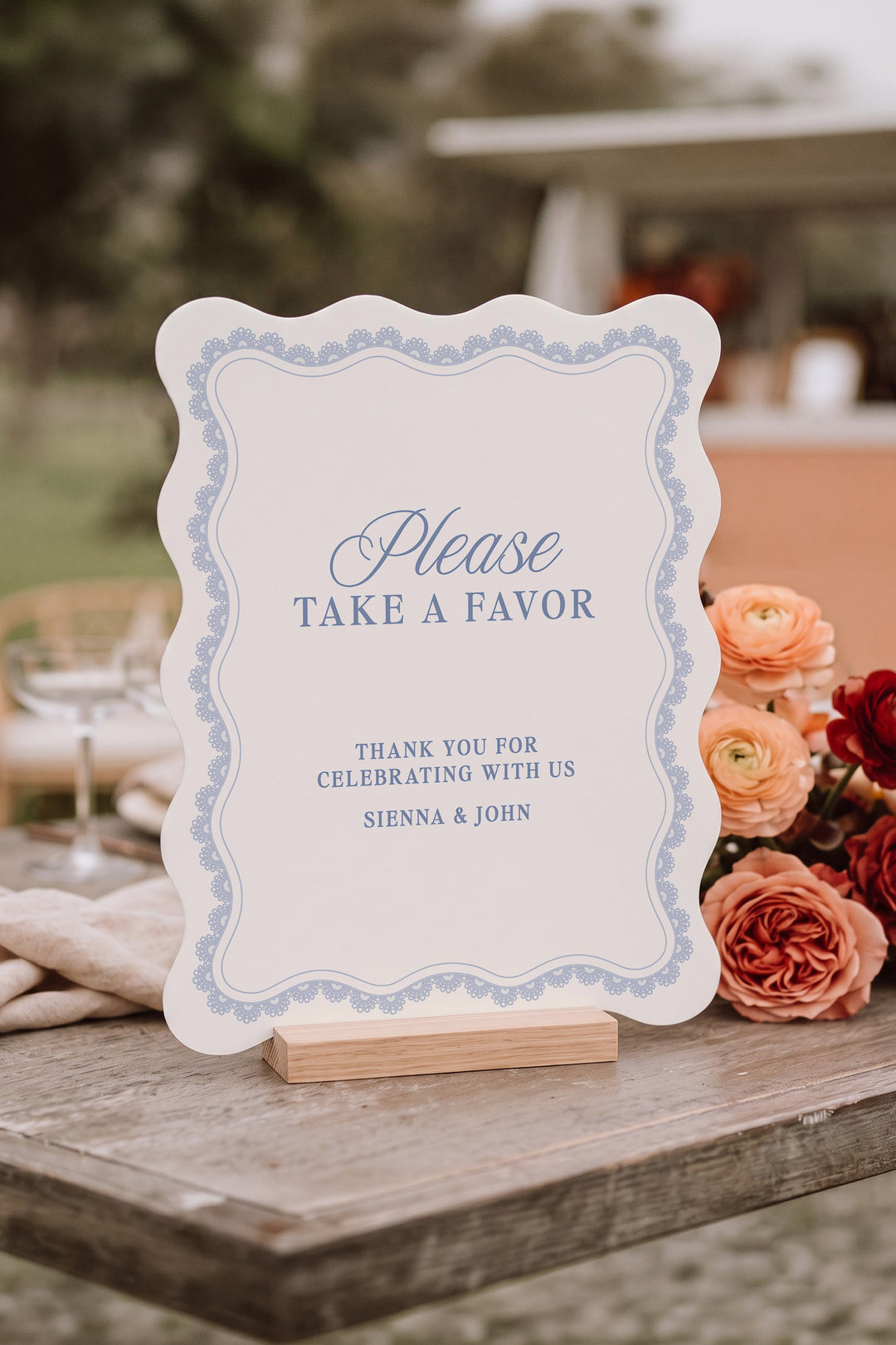 Powder blue wavy edge wedding favors sign with a lace border #shape_Wavy#color_Powder