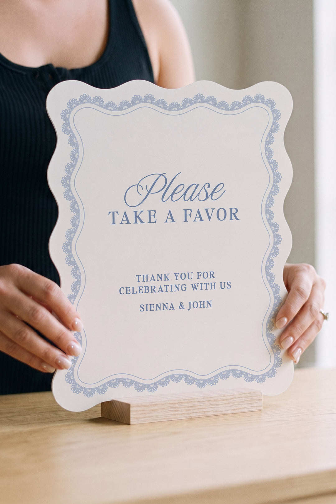 Powder blue wavy edge wedding favors sign with a lace border #shape_Wavy#color_Powder