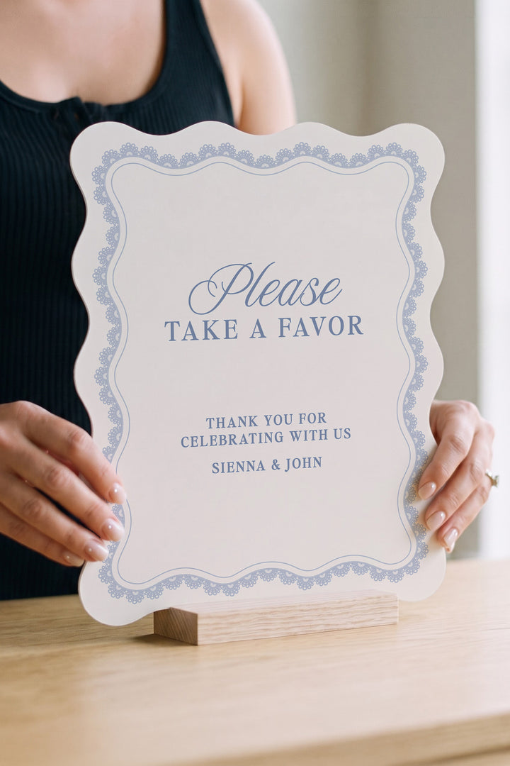 Powder blue wavy edge wedding favors sign with a lace border #shape_Wavy#color_Powder