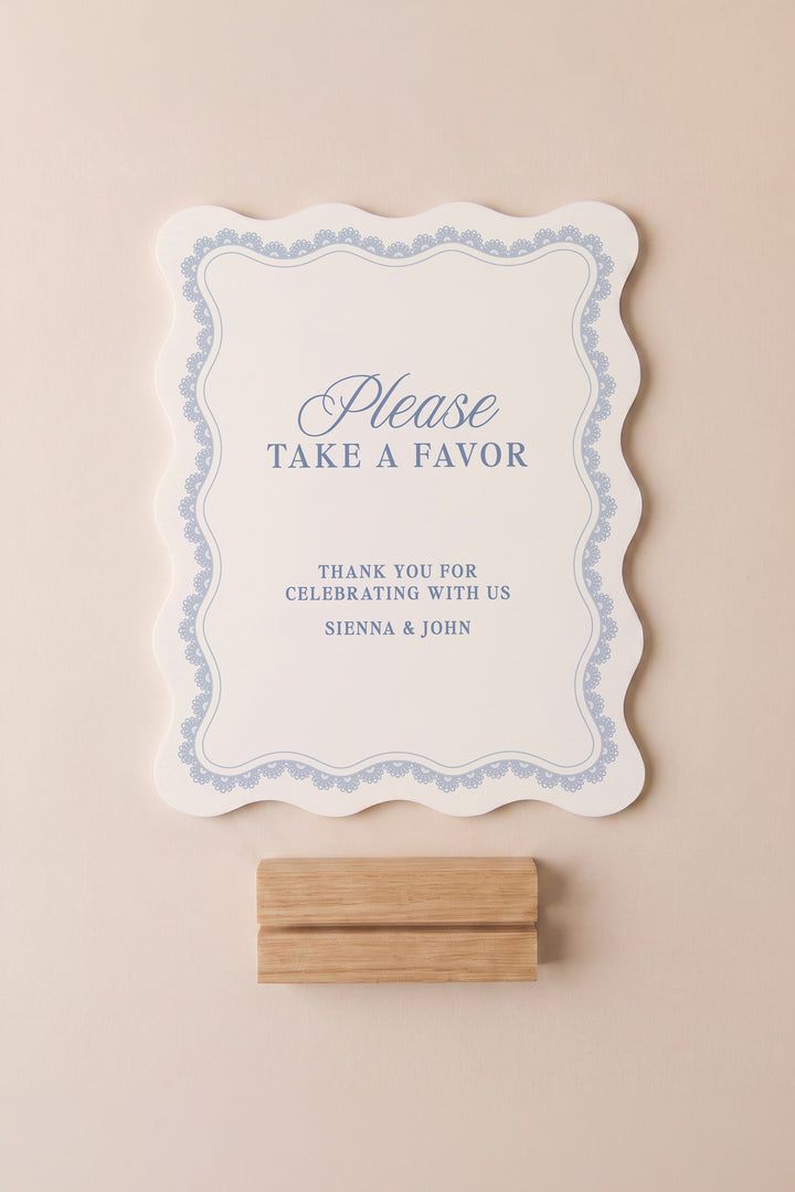 Powder blue wavy edge wedding favors sign with a lace border #shape_Wavy#color_Powder