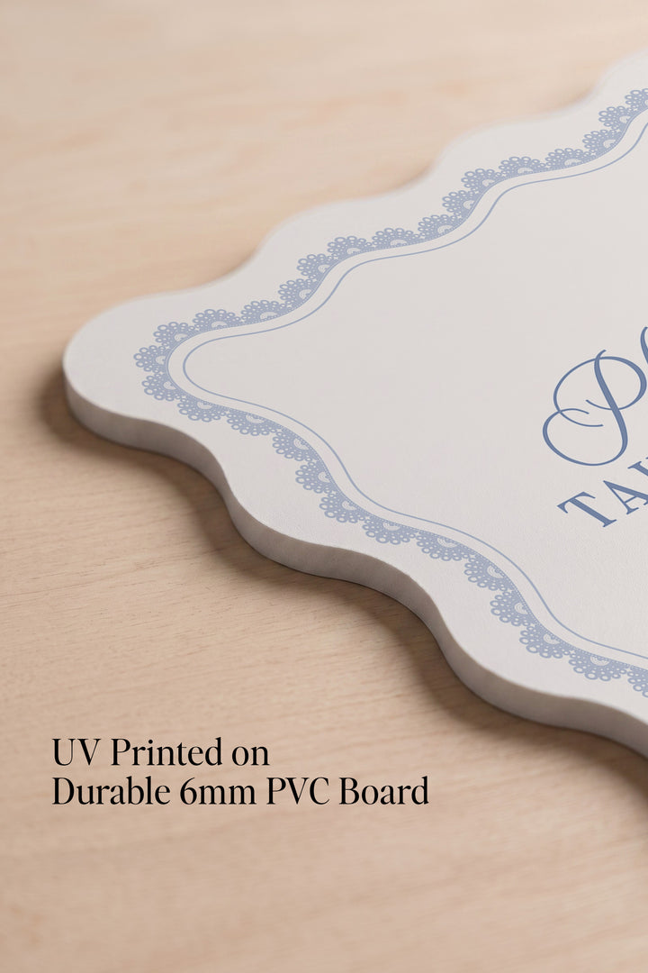Powder blue wavy edge wedding favors sign with a lace border #shape_Wavy#color_Powder