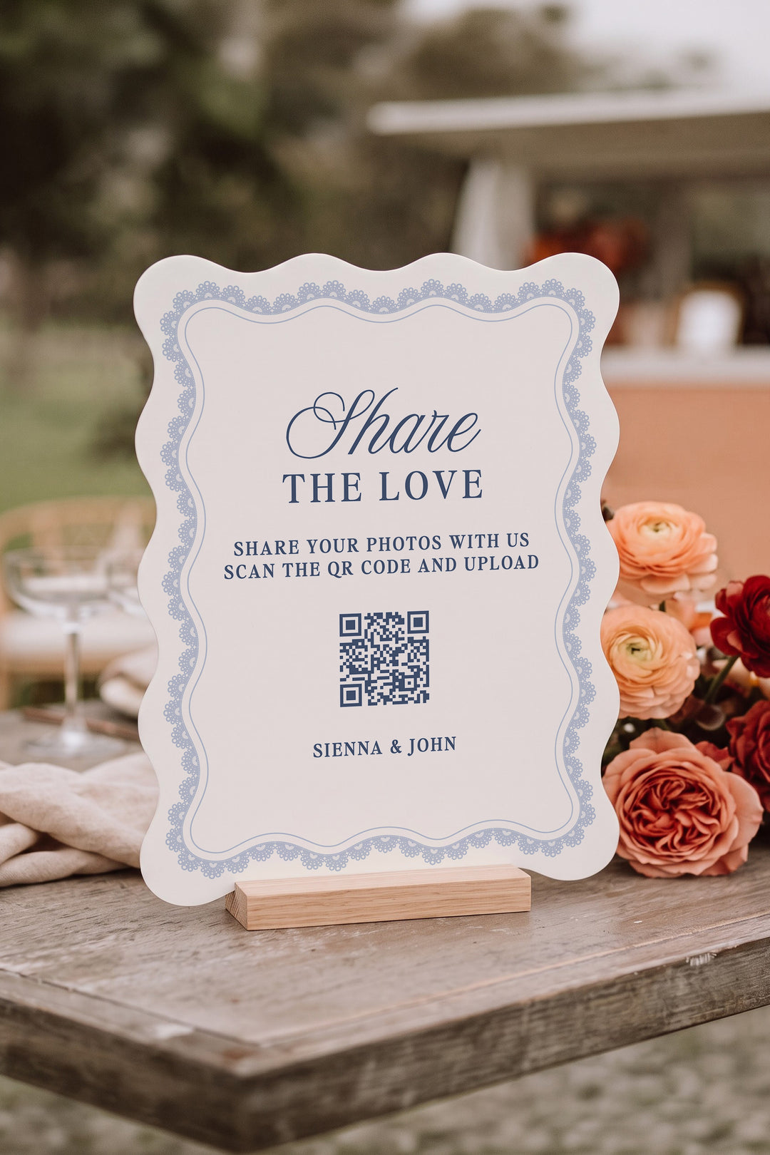French navy wavy edge wedding photo share sign with a lace border #shape_Wavy#color_French Navy