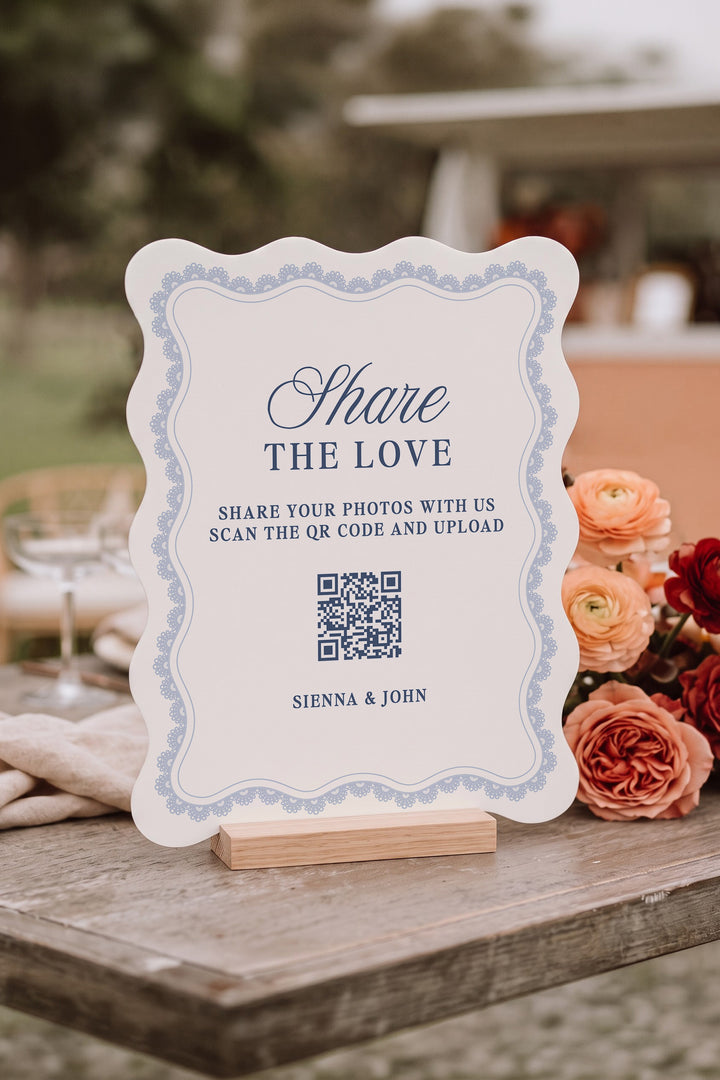 French navy wavy edge wedding photo share sign with a lace border #shape_Wavy#color_French Navy