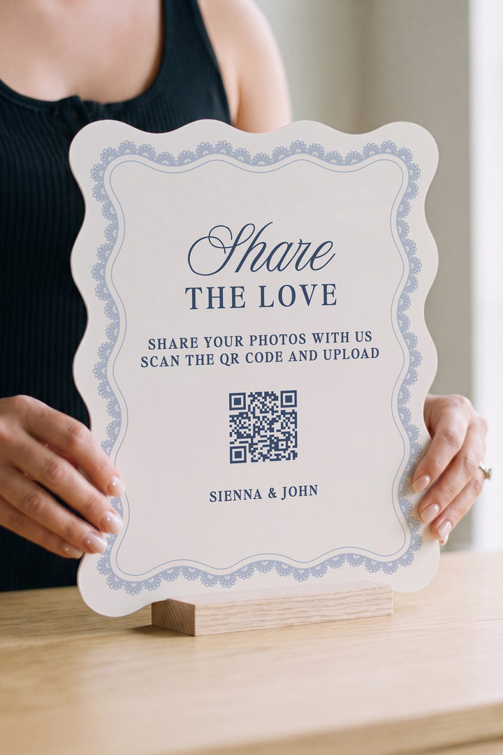 French navy wavy edge wedding photo share sign with a lace border #shape_Wavy#color_French Navy
