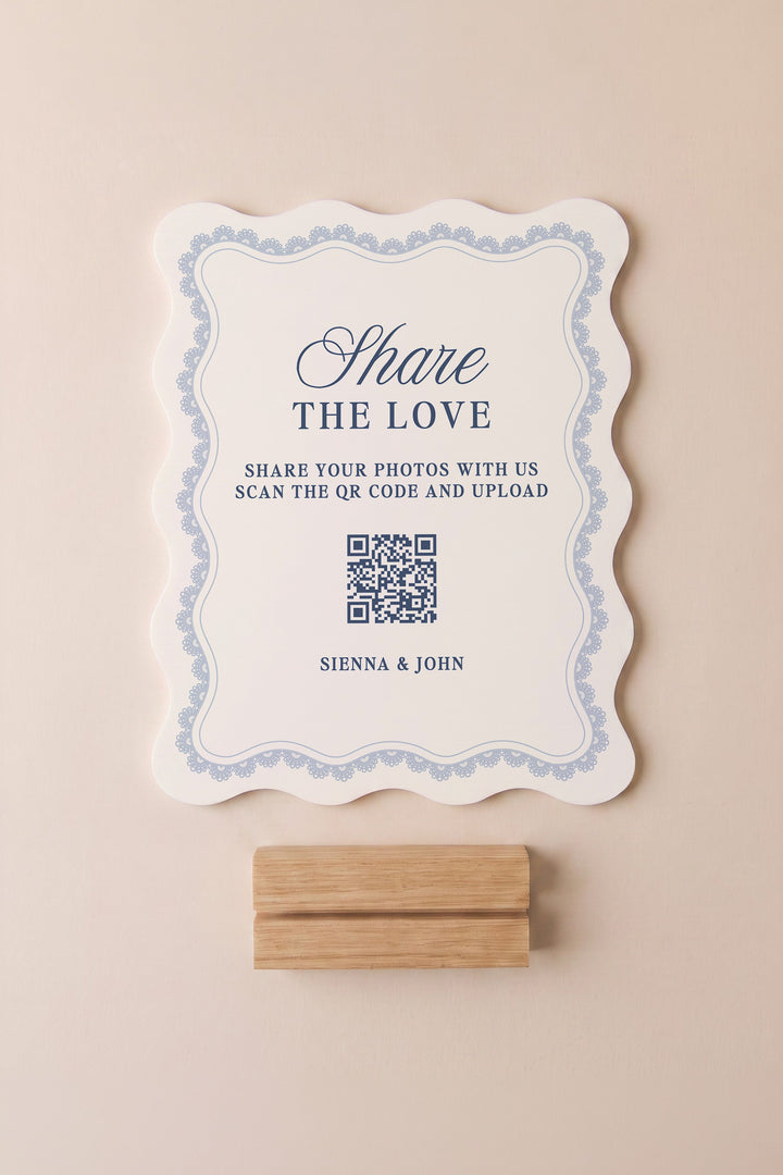 French navy wavy edge wedding photo share sign with a lace border #shape_Wavy#color_French Navy