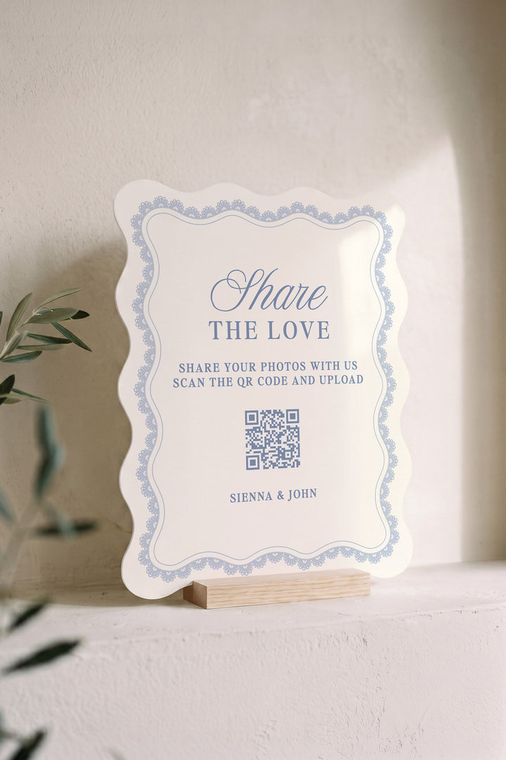 Powder blue wavy edge wedding photo share sign with a lace border #shape_Wavy#color_Powder