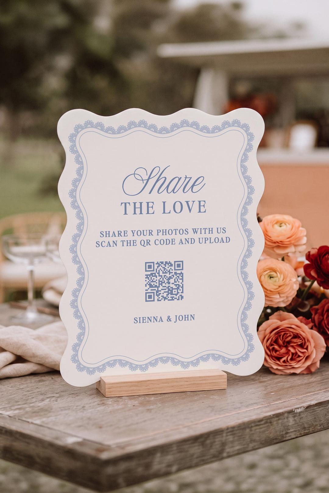 Powder blue wavy edge wedding photo share sign with a lace border #shape_Wavy#color_Powder