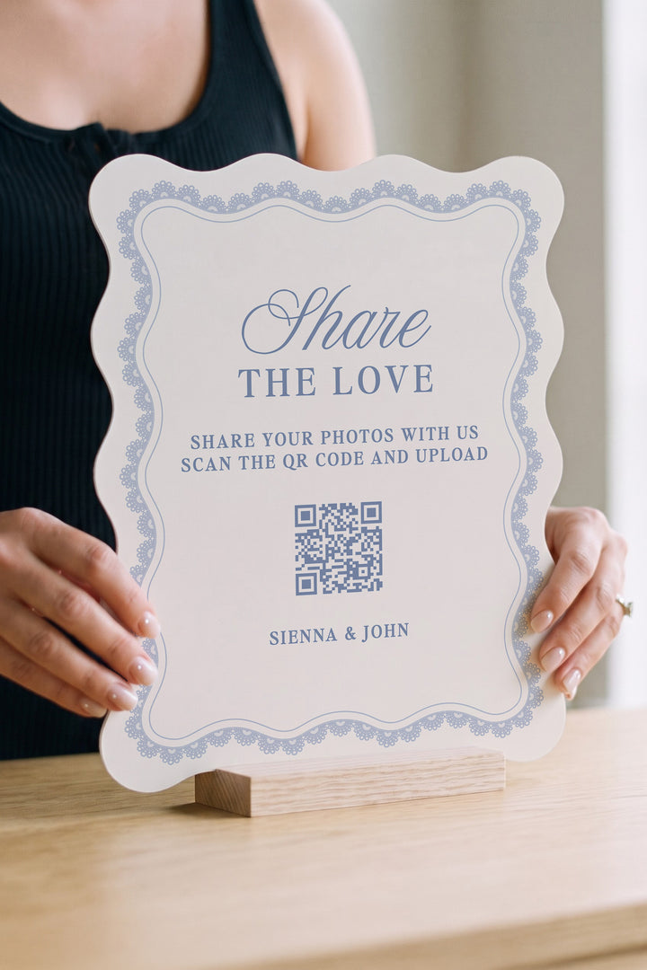 Powder blue wavy edge wedding photo share sign with a lace border #shape_Wavy#color_Powder