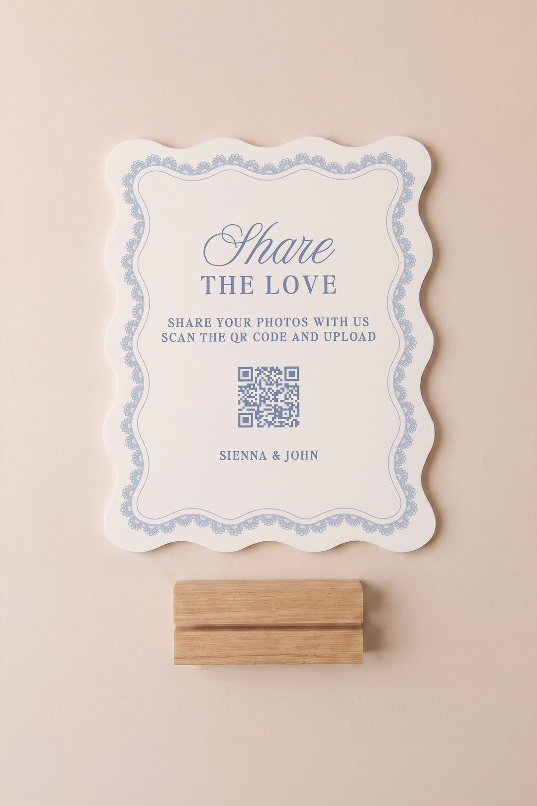 Powder blue wavy edge wedding photo share sign with a lace border #shape_Wavy#color_Powder