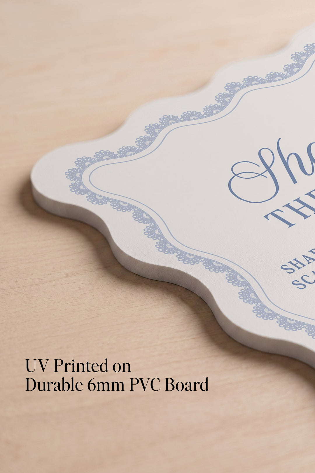 Powder blue wavy edge wedding photo share sign with a lace border #shape_Wavy#color_Powder