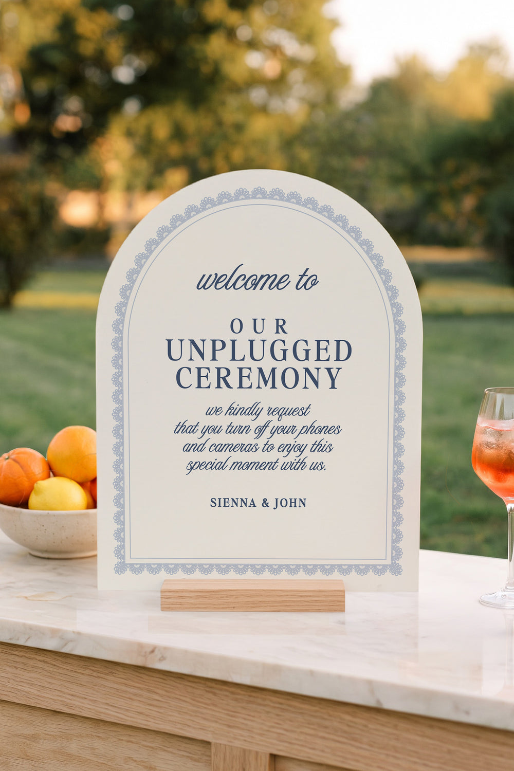 French navy arch unplugged ceremony sign with a lace border #shape_Arch#color_French Navy