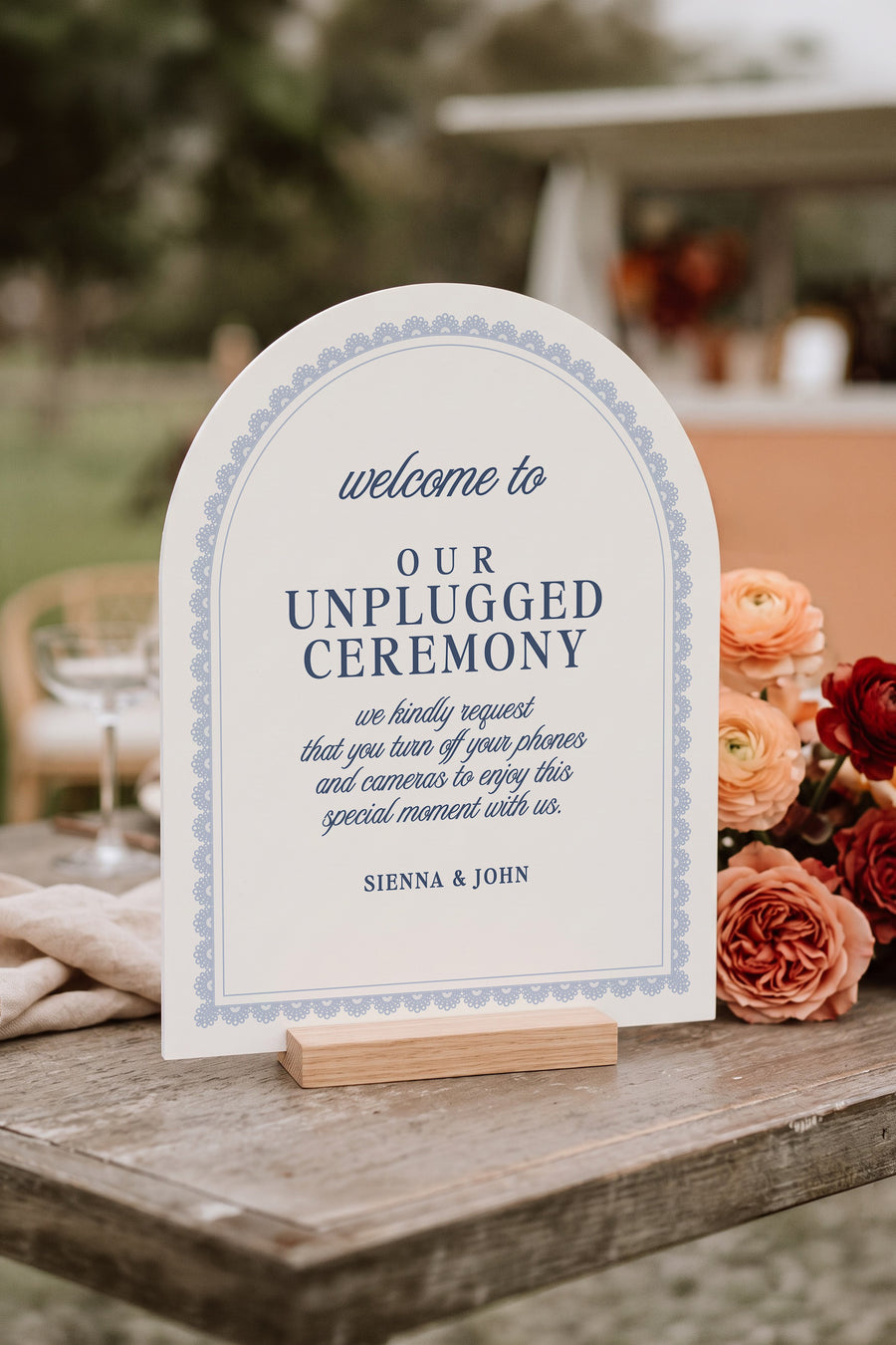 French navy arch unplugged ceremony sign with a lace border #shape_Arch#color_French Navy