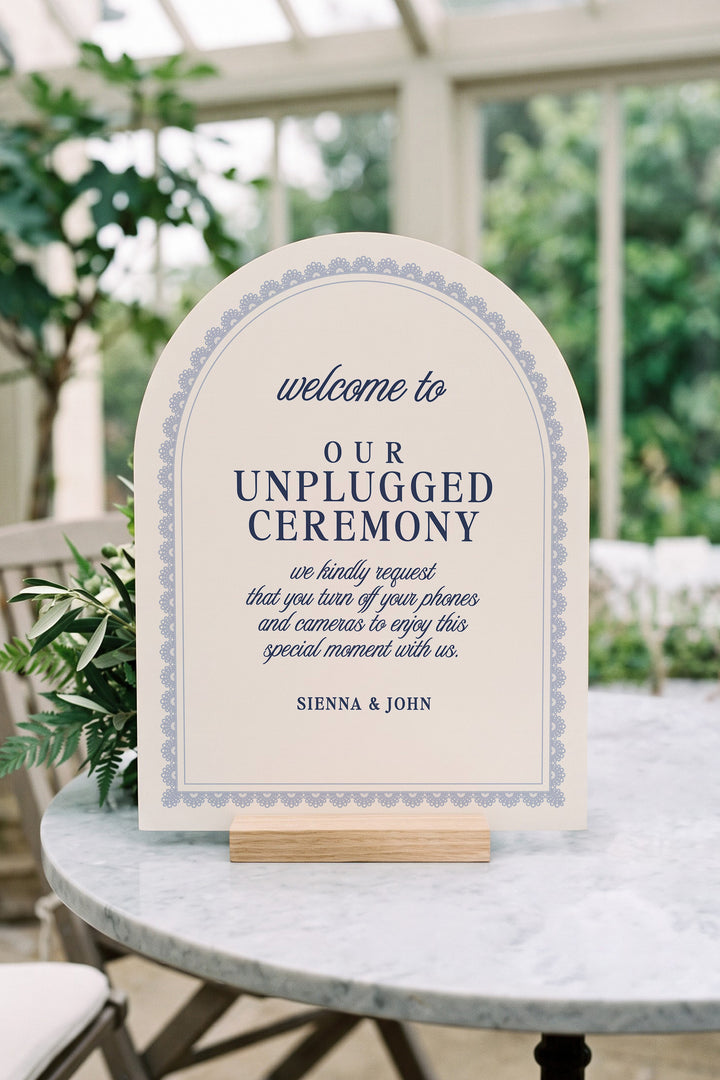 French navy arch unplugged ceremony sign with a lace border #shape_Arch#color_French Navy