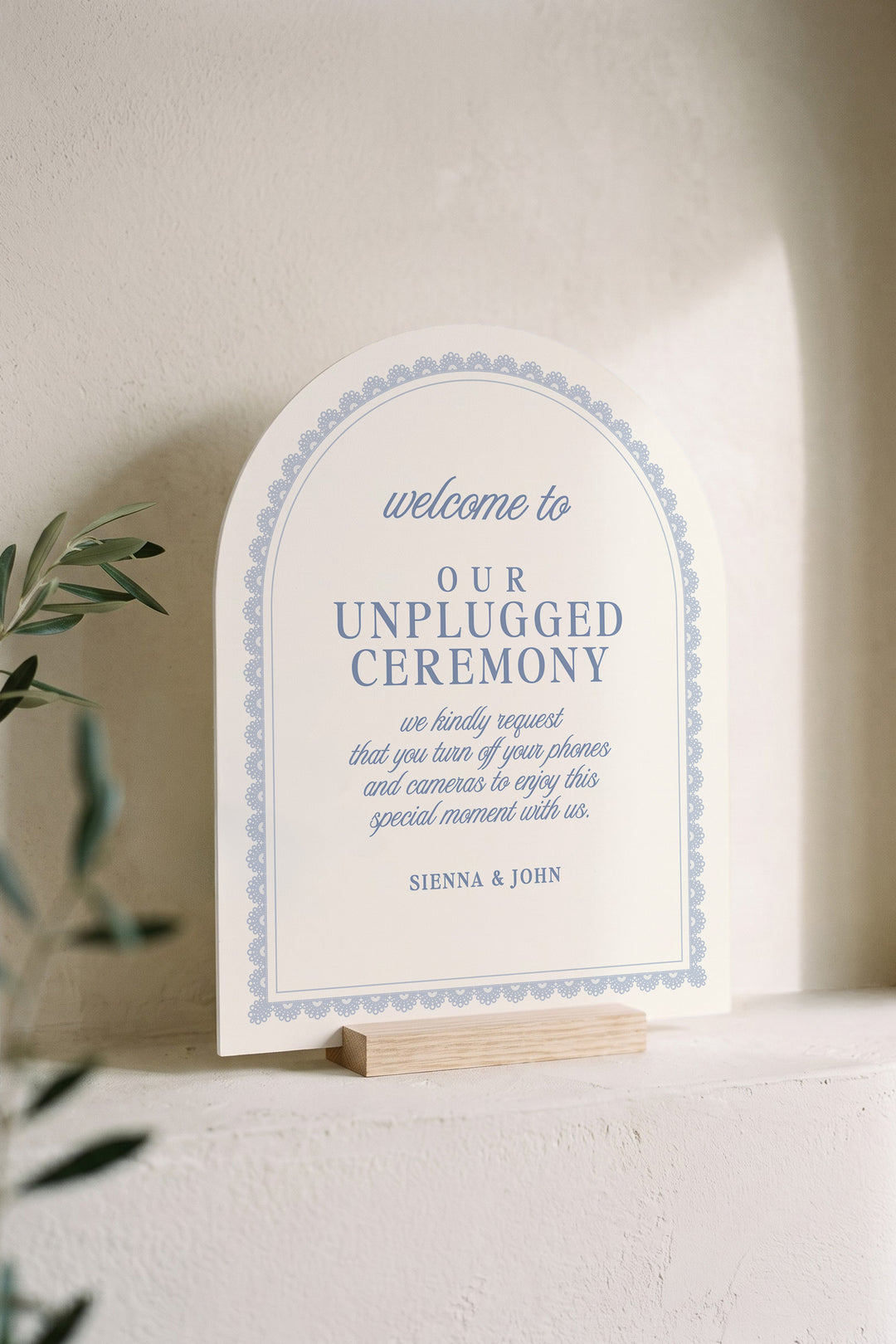 Powder blue arch unplugged ceremony sign with a lace border #shape_Arch#color_Powder