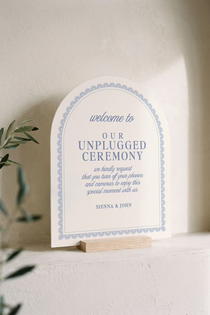 Powder blue arch unplugged ceremony sign with a lace border #shape_Arch#color_Powder