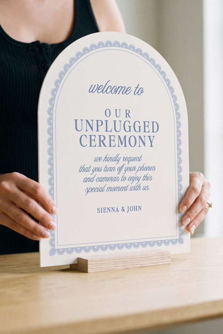 Powder blue arch unplugged ceremony sign with a lace border #shape_Arch#color_Powder