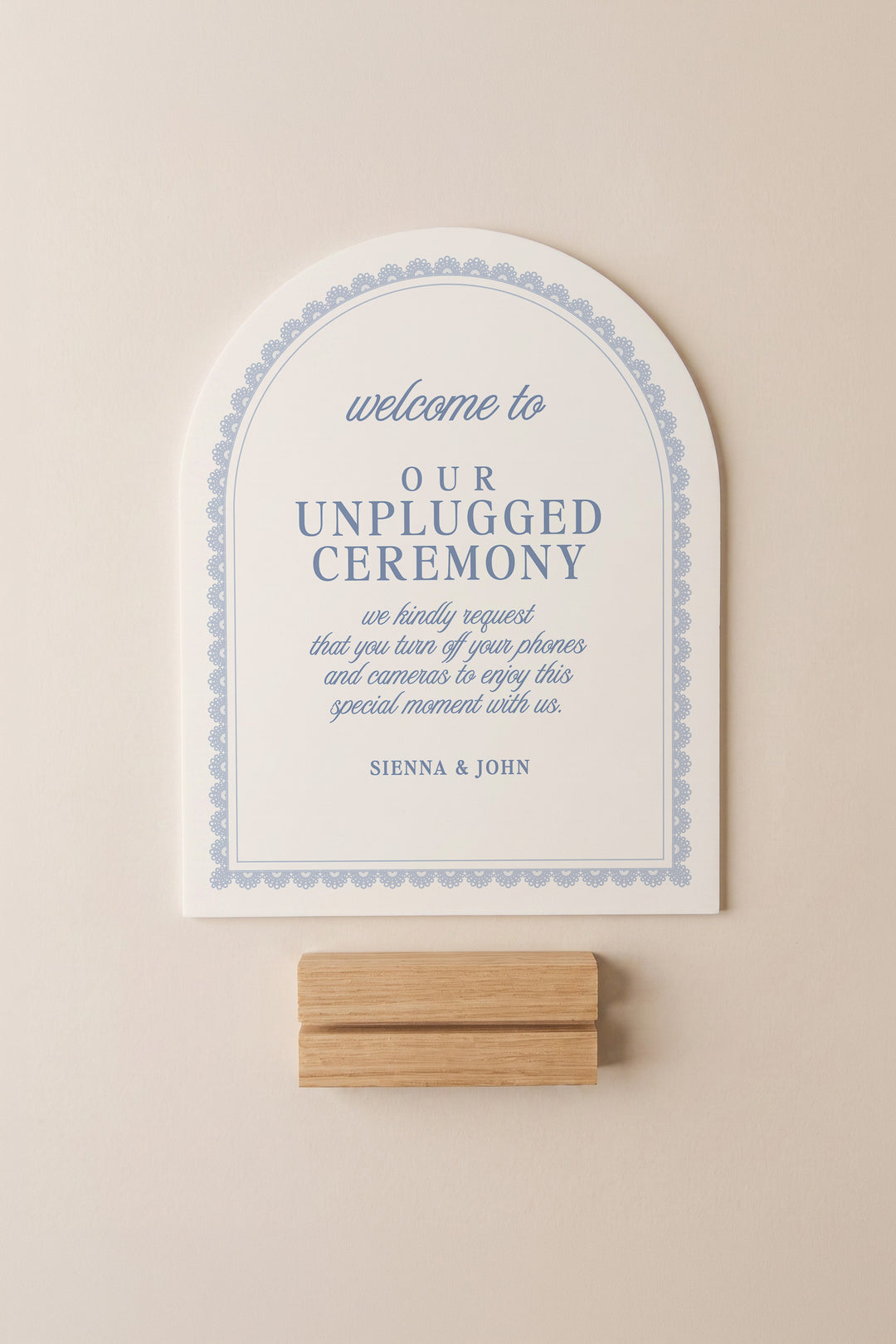 Powder blue arch unplugged ceremony sign with a lace border #shape_Arch#color_Powder