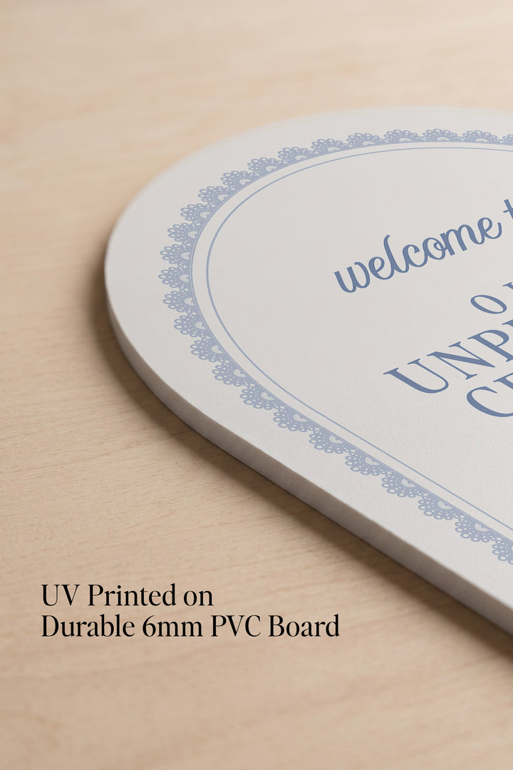 Powder blue arch unplugged ceremony sign with a lace border #shape_Arch#color_Powder