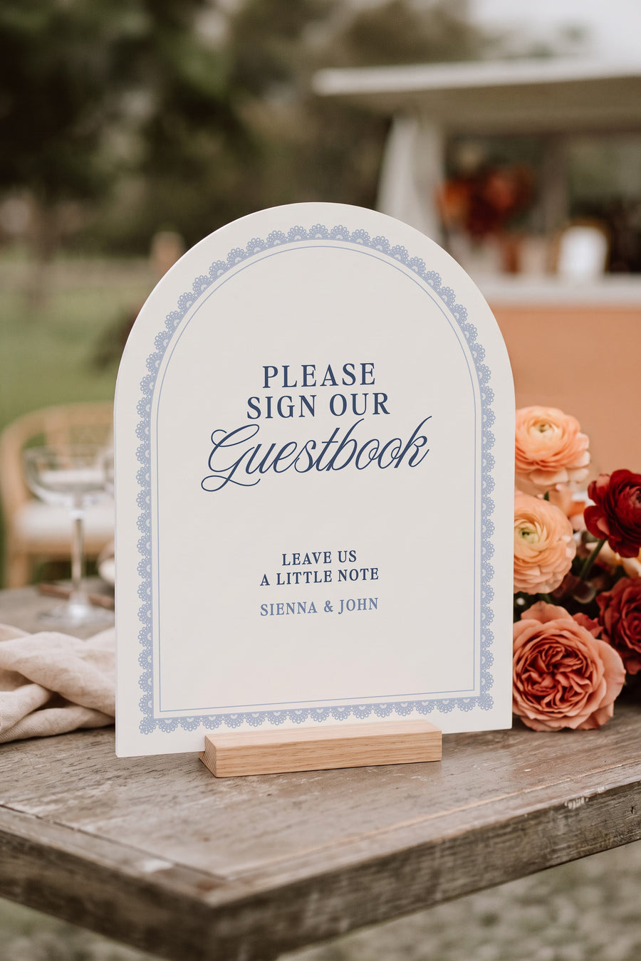 French navy arch wedding guest book sign with a lace border #shape_Arch#color_French Navy