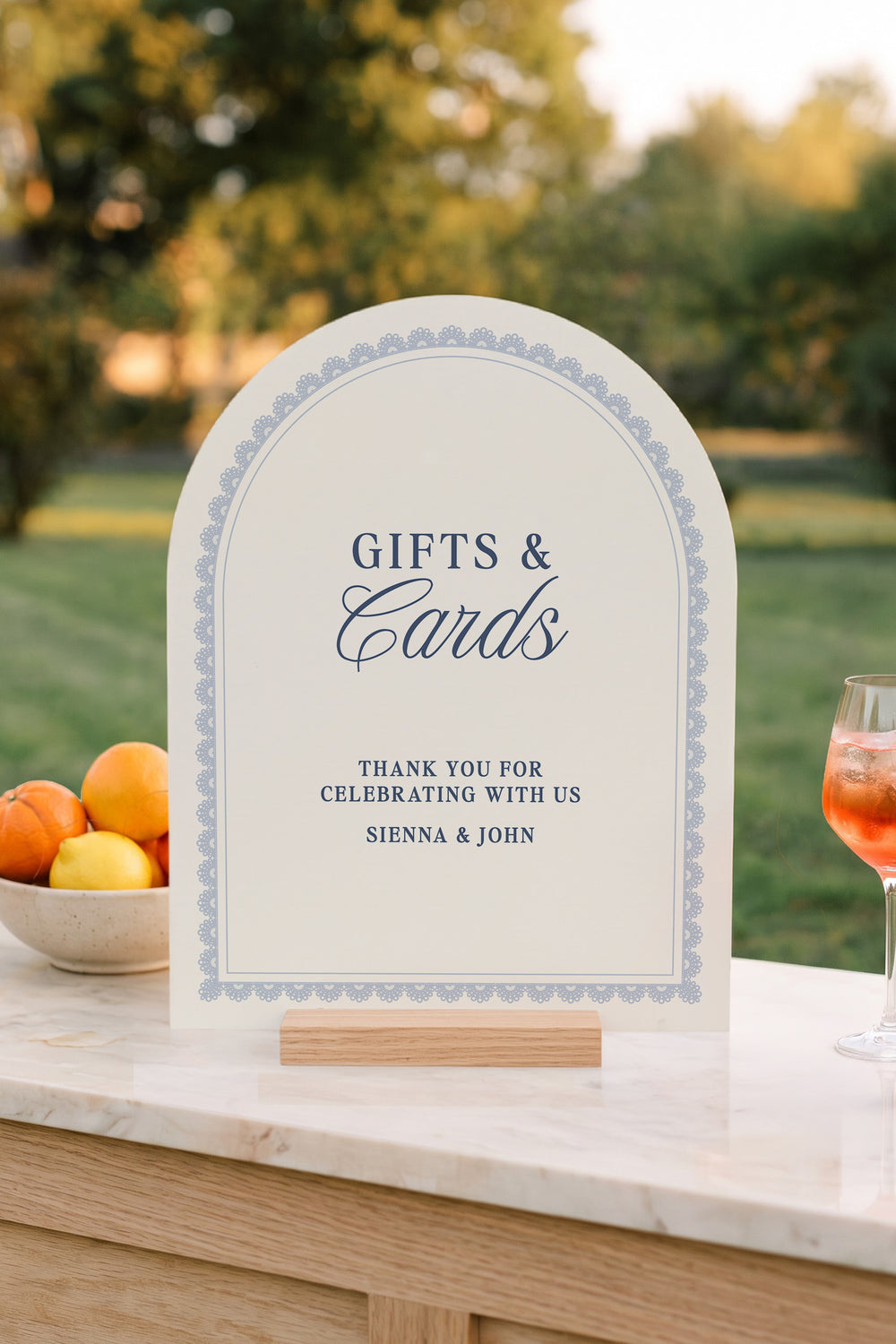 French navy arch wedding cards and gifts sign with a lace border #shape_Arch#color_French Navy