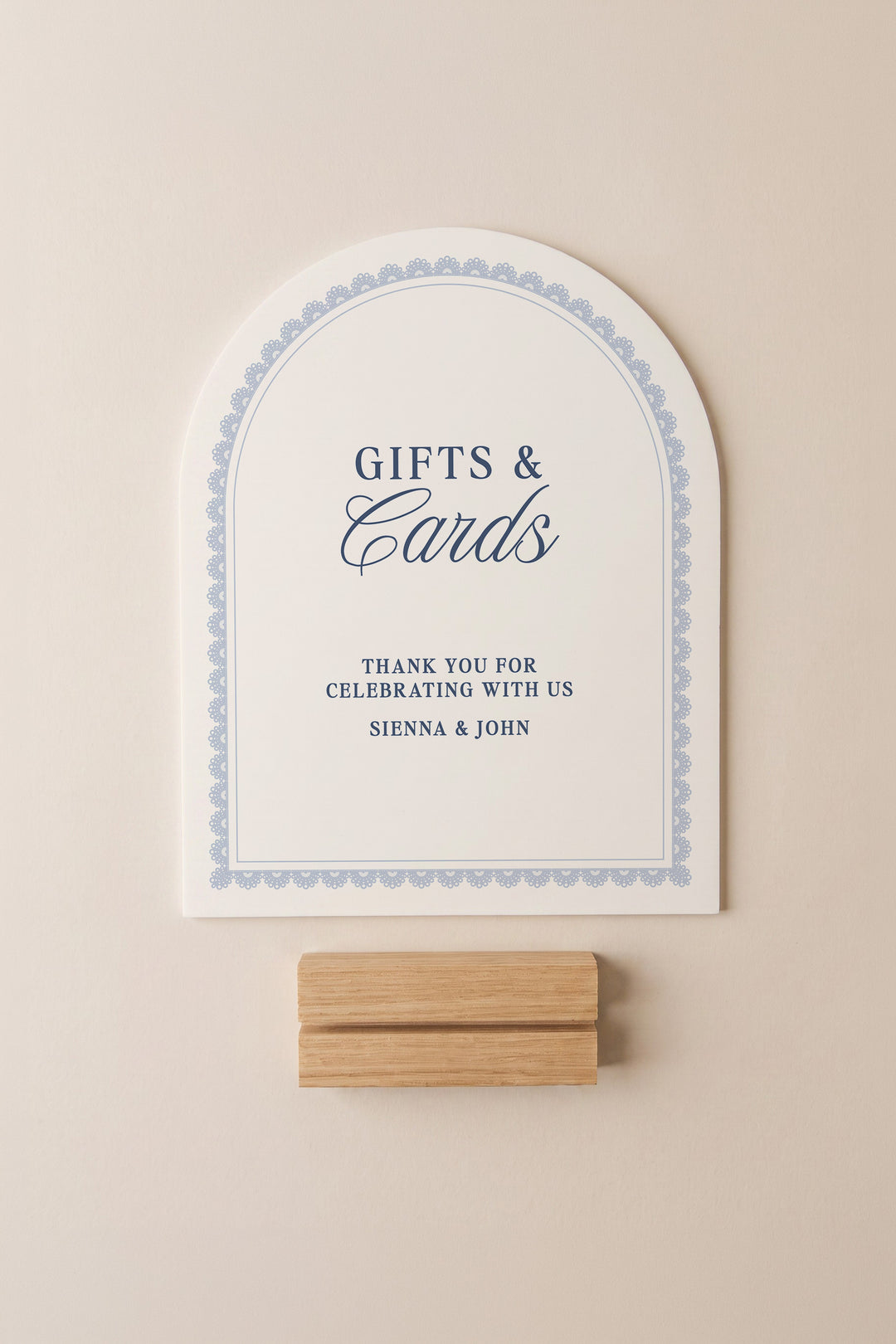 French navy arch wedding cards and gifts sign with a lace border #shape_Arch#color_French Navy