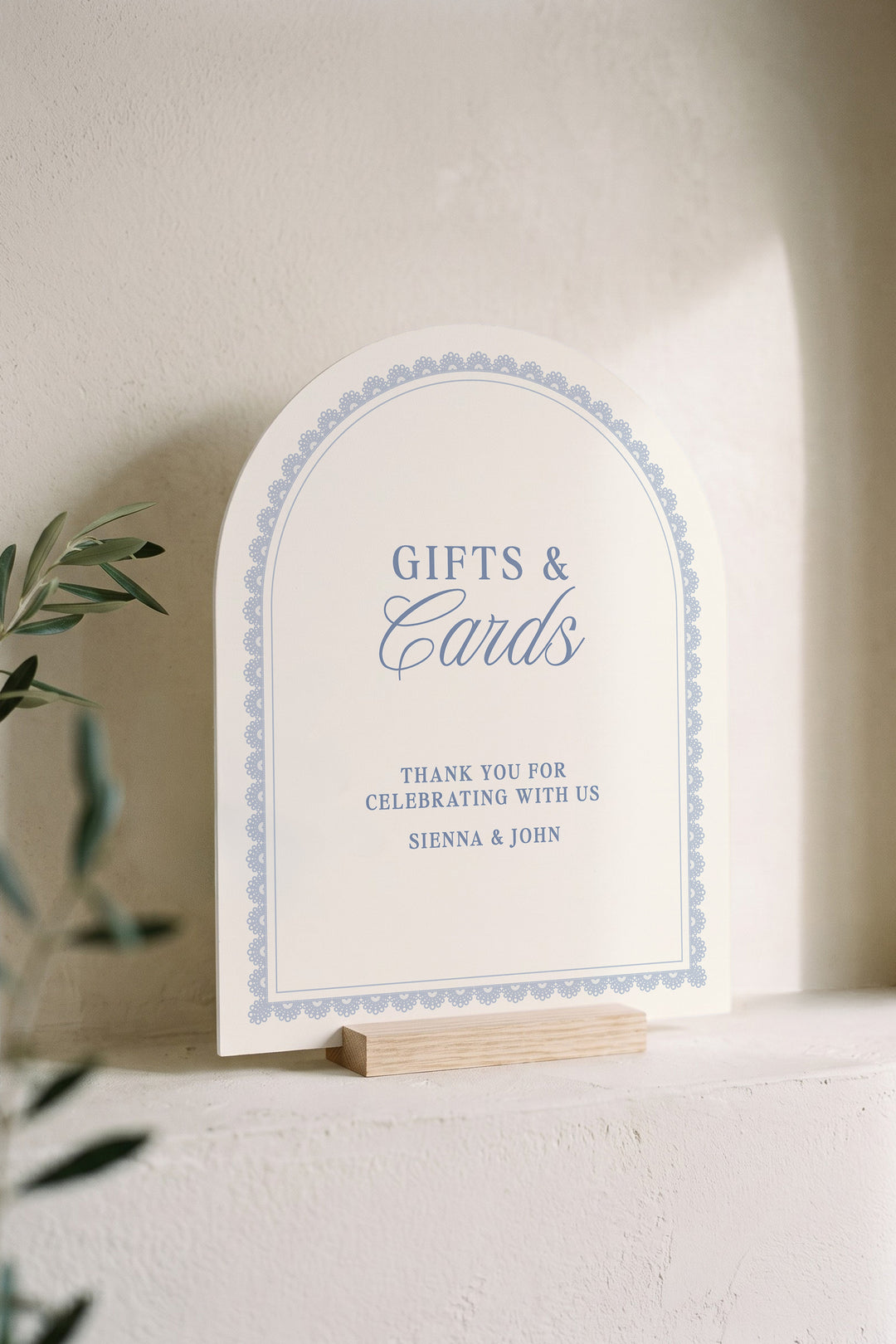 Powder blue arch wedding cards and gifts sign with a lace border #shape_Arch#color_Powder