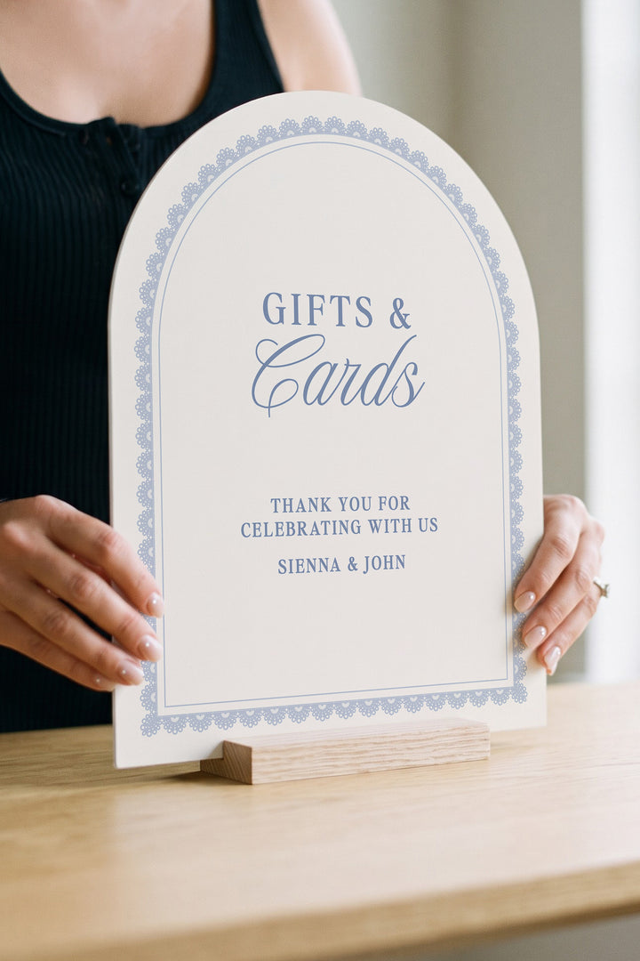 Powder blue arch wedding cards and gifts sign with a lace border #shape_Arch#color_Powder