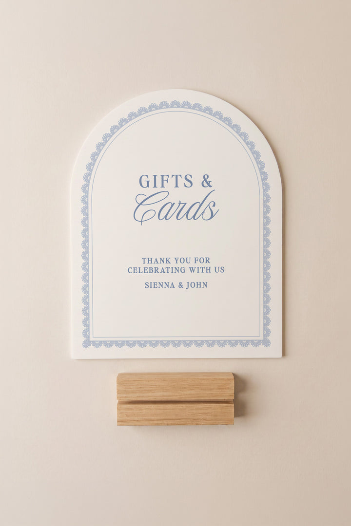Powder blue arch wedding cards and gifts sign with a lace border #shape_Arch#color_Powder