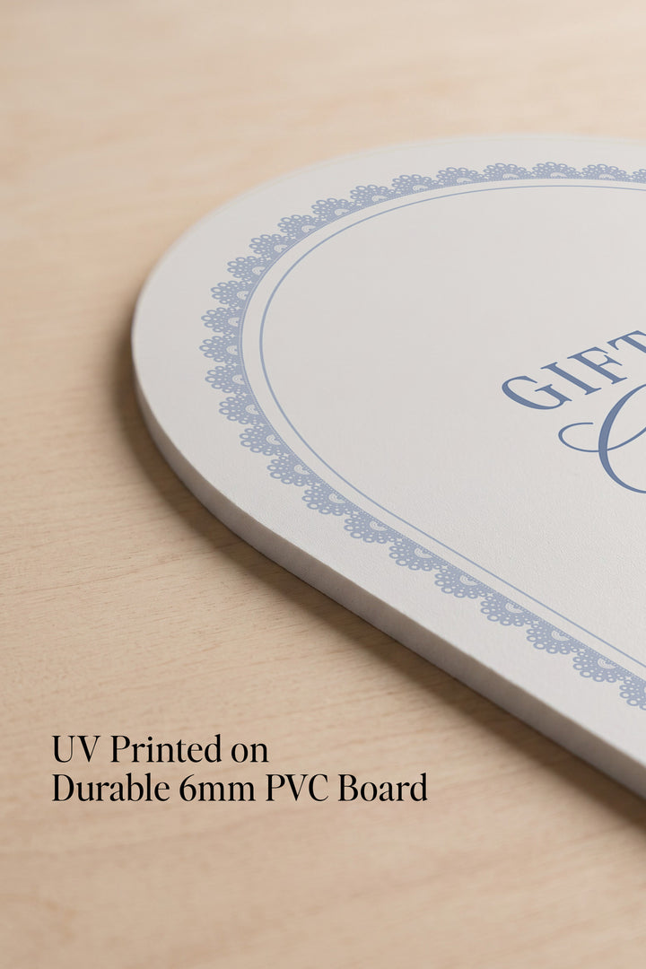 Powder blue arch wedding cards and gifts sign with a lace border #shape_Arch#color_Powder