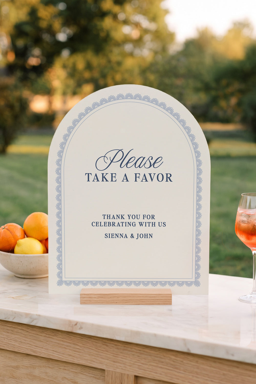 French navy arch wedding favors sign with a lace border #shape_Arch#color_French Navy