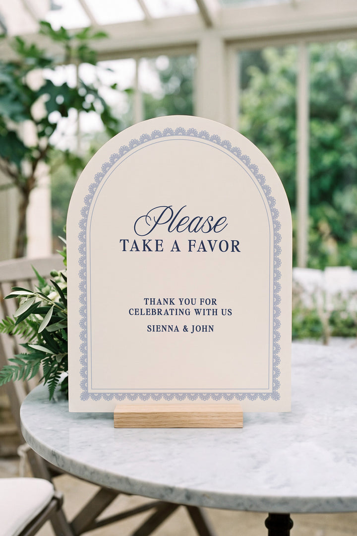French navy arch wedding favors sign with a lace border #shape_Arch#color_French Navy