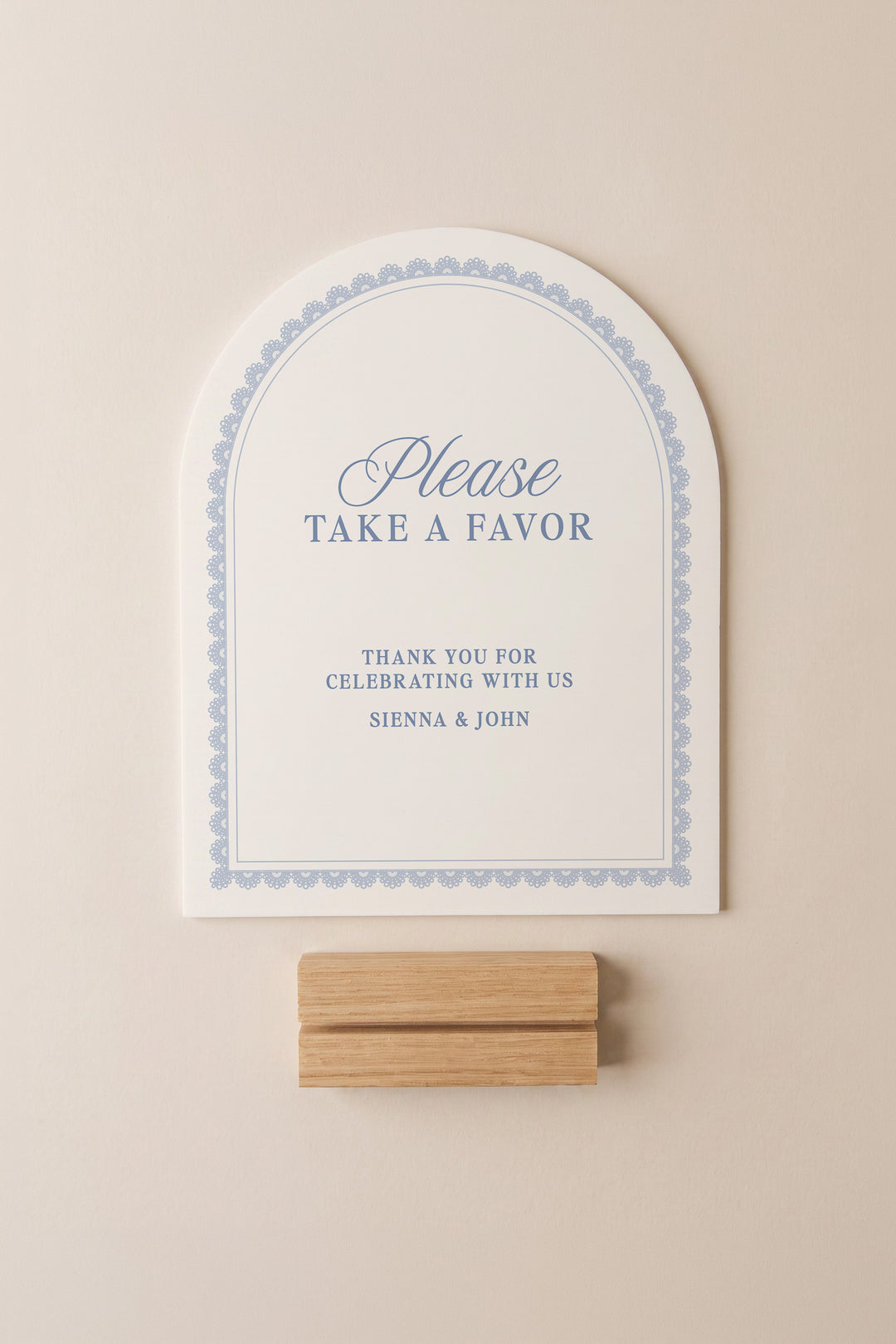 Powder blue arch wedding favors sign with a lace border #shape_Arch#color_Powder