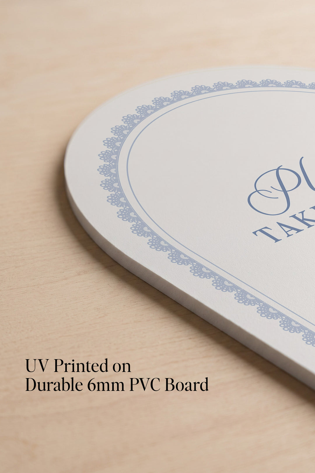 Powder blue arch wedding favors sign with a lace border #shape_Arch#color_Powder