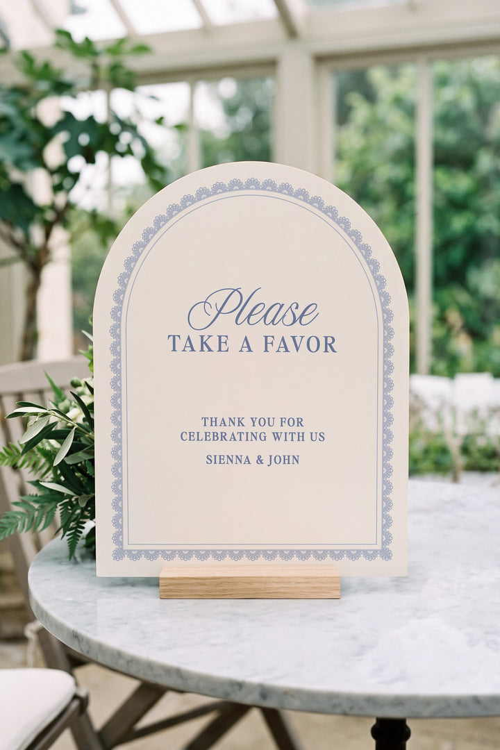 Powder blue arch wedding favors sign with a lace border #shape_Arch#color_Powder